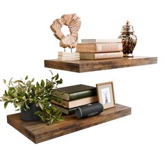 two wooden shelves with books and plants on them