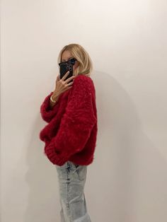 Cozy Red Knitted Outerwear, Winter Red Soft Knit Outerwear, Red Soft Knit Winter Outerwear, Red Oversized Soft Knit Sweater, Cozy Red Crew Neck Cardigan, Oversized Red Knitted Cardigan, Cozy Red Soft Knit Outerwear, Casual Red Mohair Sweater, Red Chunky Knit Winter Cardigan