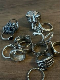 Masc Rings Aesthetic, Emo Rings Aesthetic, Bulky Rings Aesthetic, Grungy Silver Jewelry, Silver Goth Rings, Chunky Silver Rings Grunge, Rings Silver Chunky, Masc Lesbian Rings Aesthetic, Chunky Rings Aesthetic Silver