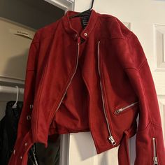 Only Worn Twice - In Basically Brand New Condition. A Bit Cropped. Comes Up To Around Hips On Me - I’m 5’2. All Zipper Work, No Stains. Red Long Sleeve Biker Jacket For Fall, Fall Red Long Sleeve Biker Jacket, Trendy Red Leather Jacket With Long Sleeves, Red Casual Long Sleeve Biker Jacket, Casual Red Long Sleeve Biker Jacket, Casual Red Winter Biker Jacket, Red Casual Biker Jacket For Winter, Zara Fitted Leather Jacket With Long Sleeves, Zara Fitted Biker Jacket