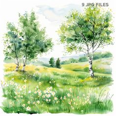 watercolor painting of trees and flowers in the field with grass, daisies and wildflowers