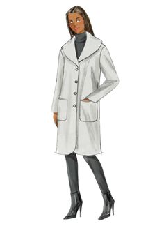 a drawing of a woman in a white coat and black pants, standing with her hands on her hips