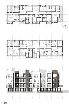 the plans and elevations for an apartment building, with multiple levels to each floor