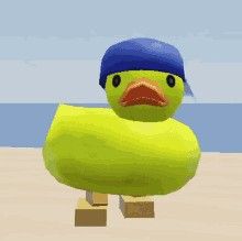 a cartoon duck wearing a blue hat and standing on a skateboard in front of the ocean