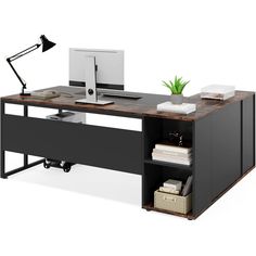 an office desk with a computer and bookshelf in front of it, on a white background