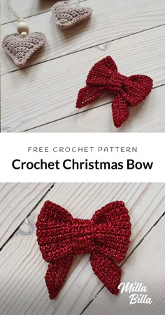 crocheted red bow on white wood with text that reads, gratis hakelopkrift hakket juleslieslife