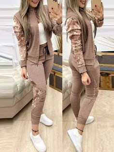 Couleur: Léopard, Noir, Bleu, Auburn, Gris, Vert, Rouge, Paillettes noires, Café; Taille: S, M, F, L, XL, Le XL Celana Fashion, Two Pieces Set Outfits, Straight Clothes, Leisure Suit, Jogging Suit, Activewear Sets, Tracksuit Set, Fashion Weeks, Tracksuit Women