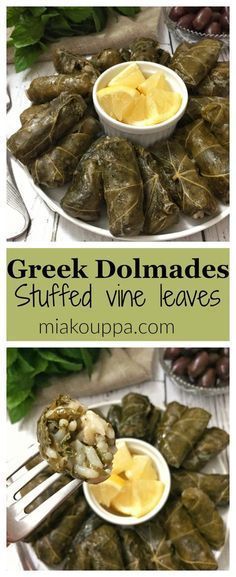 greek stuffed vine leaves with lemons and olives are served on a white plate