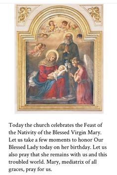 an image of the birth of mary and jesus in a frame with words above it