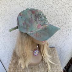 One of a kind, hand tie dyed and painted dad hat with glitter and crochet detail. Adjustable back strap Festival Baseball Cap, Summer Tie-dye Adjustable Hat, Festival Baseball Cap With Curved Brim, One Size Fits Most Baseball Cap For Festivals, Adjustable Tie Dye Hats For Summer, Adjustable Tie Dye Summer Hat, Handmade Snapback Baseball Cap For Festival, Adjustable Cotton Tie-dye Hat, Curved Brim Baseball Cap For Festivals