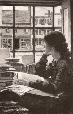 a woman sitting at a desk in front of a window with books on the table