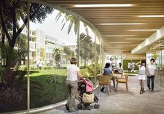 an artist's rendering of people walking through a lobby with tables and chairs in the background