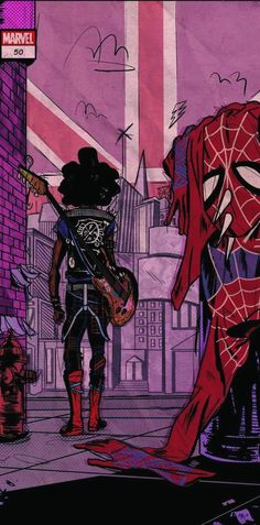 the spider - man is playing guitar on the street