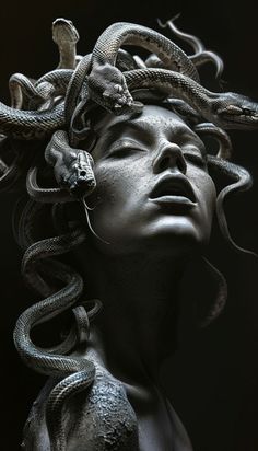 a woman with snakes on her head is shown in this black and white photo,