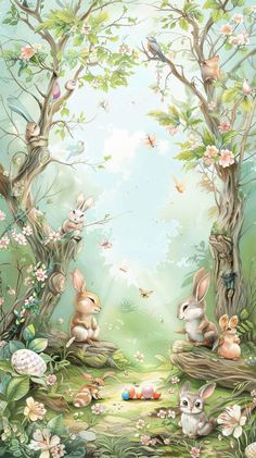 an image of rabbits in the woods with flowers and butterflies around them, surrounded by trees