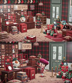 two pictures of a christmas themed room