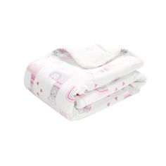 the pink and white baby blanket is folded on top of each other, with an elephant print