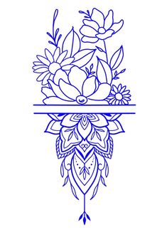 a blue line drawing of flowers on a table with an arrow in the middle and leaves around it