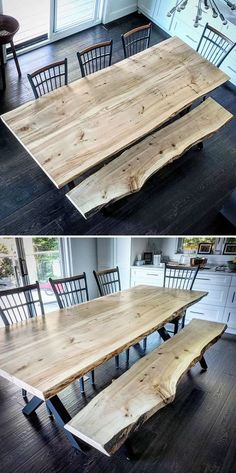 two pictures of the same wooden table in different stages of being used as a dining room table