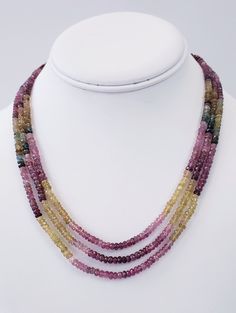 Tourmalines are given a center stage to turn on their full-color show. From dark greens to yellows and pinks, tourmaline has it all. The 3 strands multicolor necklace is eager to transmit to you this gemstones' qualities: tourmaline attracts inspiration, compassion, tolerance, and prosperity. *Natural Multi Tourmaline Rondelle Faceted Beads, *Stones: Watermelon Tourmaline *Clasp: Surgical steel *End to end Length: 18 Inches *Bead Size: 3.5-3.8 mm approx. *Carat wt.: 204.58Ct FREE Shipping and Gi Multicolor Faceted Tourmaline Necklaces, Multicolor Faceted Tourmaline Bead Jewelry, Multicolor Faceted Tourmaline Beaded Jewelry, Multicolor Tourmaline Faceted Beads Necklace, Multicolor Tourmaline Beaded Necklace With Faceted Beads, Multicolor Tourmaline Gemstone Beads Necklaces, Multicolor Tourmaline Round Beads Jewelry, Multicolor Tourmaline Multi-stone Necklace, Multicolor Multi-stone Tourmaline Necklaces