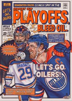 an illustration of two hockey players on the cover of playoff's bleed oil