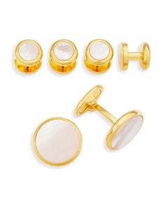 Link Up Gold-Tone Round White Mother-of-Pearl Stud & Cufflink Set Luxury Mother Of Pearl Formal Jewelry, Luxury Formal Mother Of Pearl Jewelry, Polished Mother Of Pearl Jewelry For Formal Occasions, Formal Yellow Gold Mother Of Pearl Jewelry, White Jewelry With Polished Finish For Business, White Polished Jewelry For Business, Classic White Jewelry For Business, Business White Polished Jewelry, White Polished Cuff Jewelry