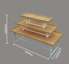 three tiered wooden table with measurements for each shelf