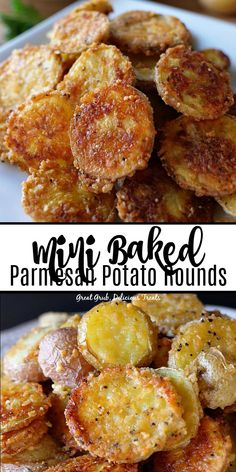 two pictures of baked parmesan potato rounds