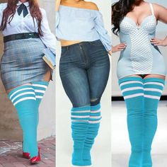 Plus Size Thigh High Socks Striped- Blue & White Trendy Blue Knee-high Socks For Winter, Casual Blue Stretch Stockings, Casual Blue Socks For Fall, Casual Fall Blue Socks, Trendy Blue Stretch Stockings, Trendy Stretch Blue Stockings, Casual Blue Thigh-high Stockings, One Size Blue Casual Socks, Casual Blue Thigh High Stockings