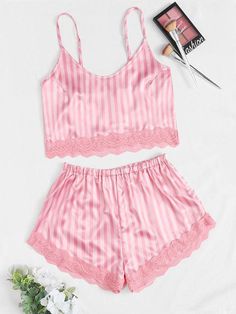 🚚FREE Shipping on orders over $60 ✨ use Code: "Mylook" for Extra Discount at checkout Color: Pink Color: Pink Pattern Type: Striped Details: Contrast Lace, Scallop Type: Sexy Sets Composition: 100% Nylon Material: Satin Fabric: Non-Stretch Bra Type: Camisole Panty Type: High Waist, Shortie Belt: No Body: No Chest pad: No Pijamas Women, Belted Robe, Lace Trim Shorts, Satin Lingerie, Satin Cami, Fame Dr, Satin Pyjama Set, Summer Stripes, Bra Types