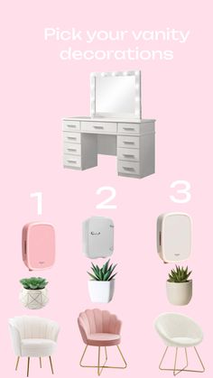 a pink and white vanity with various accessories on it, along with the words pick your vanity decorations