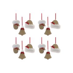 six small christmas bells hanging from red and white ribbon with pom - poms