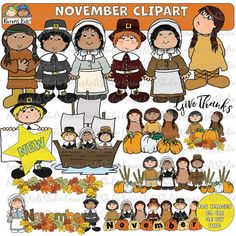 the november clipart set includes thanksgiving characters, pumpkins and other fall things to make it