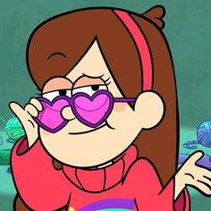 a cartoon girl with heart shaped sunglasses on her face looking at a ball of yarn