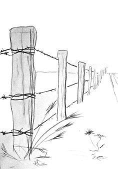 a drawing of a fence with barbed wire and grass on the ground next to it