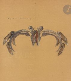 RENÉ LALIQUE (1860-1945) Les Cigales, vers 1900-1905 Dessin préparatoire pour un pendentif. Gouache, aquarelle, encre de Chine sur papier BFK de Rives. Un angle manquant. Annoté La feuille vue un peu sur champ. 28 x 22 cm  Provenance : Famille de l’artiste. Le Lot, Lalique, Les Oeuvres