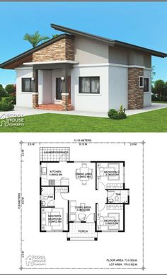 two story house plan with 3 beds and 1 bathrooms in the front, three bedroom floor plans