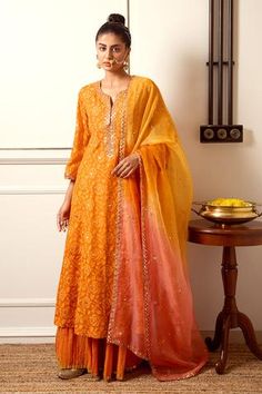 Shop for Loka by Veerali Raveshia Orange Banarasi Kurta Sharara Set for Women Online at Aza Fashions Sharara Pants, Kurta Sharara Set, Kurta Sharara, Summer Orange, New Address, Sharara Set, Organza Dupatta, Indian Fashion Designers, Sequins Embroidery