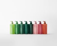 six bottles of shampoos in different colors are lined up on a white surface