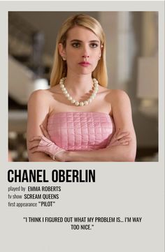 a woman in a pink dress with her arms crossed and the words, chanel oberin