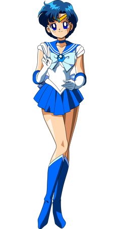 an anime character in blue and white outfit with her hands on her hips, looking like she