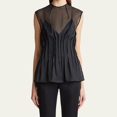 Khaite "Westin" top with pleated waist Round neckline; button back Sleeveless Fitted Pullover style Silk Dry clean Made in Italy Organza Top, Silk Organza, Silk Top, Jeans Dress, Diy Fashion, Pullover Styling, Denim Dress, Sleeveless Top, Tops Designs