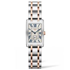 Founded in Switzerland in the 1800s, a consistent balance of quality and production has earned Longines' place as one of the world's top watch brands, and this DolceVita watch is a lovely complement to any ensemble. Featuring a 20.8mm x 32mm stainless steel case with an 18k rose gold crown and scratch-resistant sapphire crystal, water resistance up to 30 meters, and a silver-tone textured dial with painted Roman numerals and blue-tone steel hands, this elegant device presents the perfect balance Military Jewelry, Rose Gold Crown, Rose Gold Case, Gold Crown, Two Tone Watch, Inception, White Dial, Blue Tones, Roman Numerals