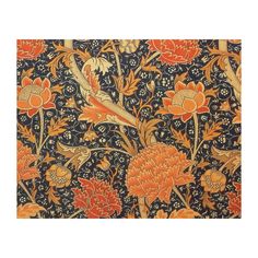 an intricately designed wallpaper with flowers and birds in blue, orange and red colors