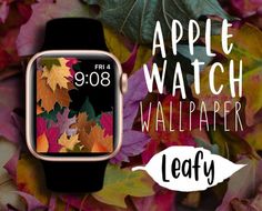 an apple watch sitting on top of leaves with the words leafy in front of it