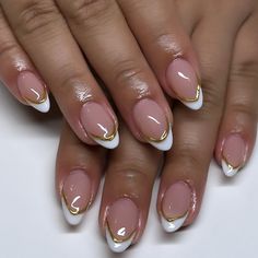 FREE SHIPPING ON ORDERS $9.95+ Buy 3 Get 1 More Free CODE: 4YOU Buy 5 Get 5 More Free CODE: 5FREE White And Gold Tips Nails, Blue Gold French Nails, Golf French Tips Nails, White Tips With Gold Line, French Tip With Gold Accent Nail, White Nail Gold Tip, Gold Gel X Nail Designs, Gold Nails Acrylic French Tips, Gold Tipped French Nails