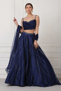 Buy Pooja Peshoria Blue Satin Embellished Lehenga Set Online | Aza Fashions Royal Blue Lehenga, Navy Blue Lehenga, Sangeet Outfit, Simple Lehenga, Indian Outfits Lehenga, Lehenga Designs Simple, Lehenga Blouse Designs, Gaun Fashion, Blue Lehenga