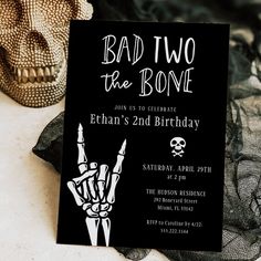 a black and white halloween party card with a skeleton holding up a hand in front of it