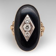 Antique Onyx & Old Euro Diamond Statement Ring 14K Yellow Gold Elegant Oval Black Enamel Ring, Formal Oval Enamel Ring With Black Enamel, Luxury Oval Signet Ring With Black Enamel, Formal Oval Black Enamel Ring, Luxury Oval Black Enamel Signet Ring, Luxury Oval Black Enamel Rings, Formal Black Enamel Oval Ring, Black Marquise Diamond Rings, Formal Black Oval Ring