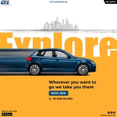 an advertisement for a car rental company featuring a blue sedan and cityscape in the background